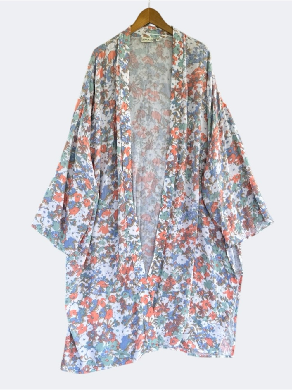 Wonderly Semi-Sheer Floral Kimono Cardigan in Coral, Blue and White